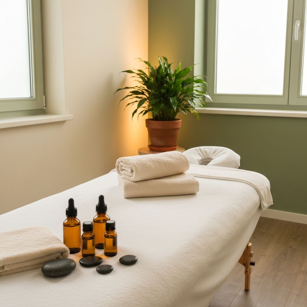 Calm and welcoming massage therapy room with white table and natural lighting