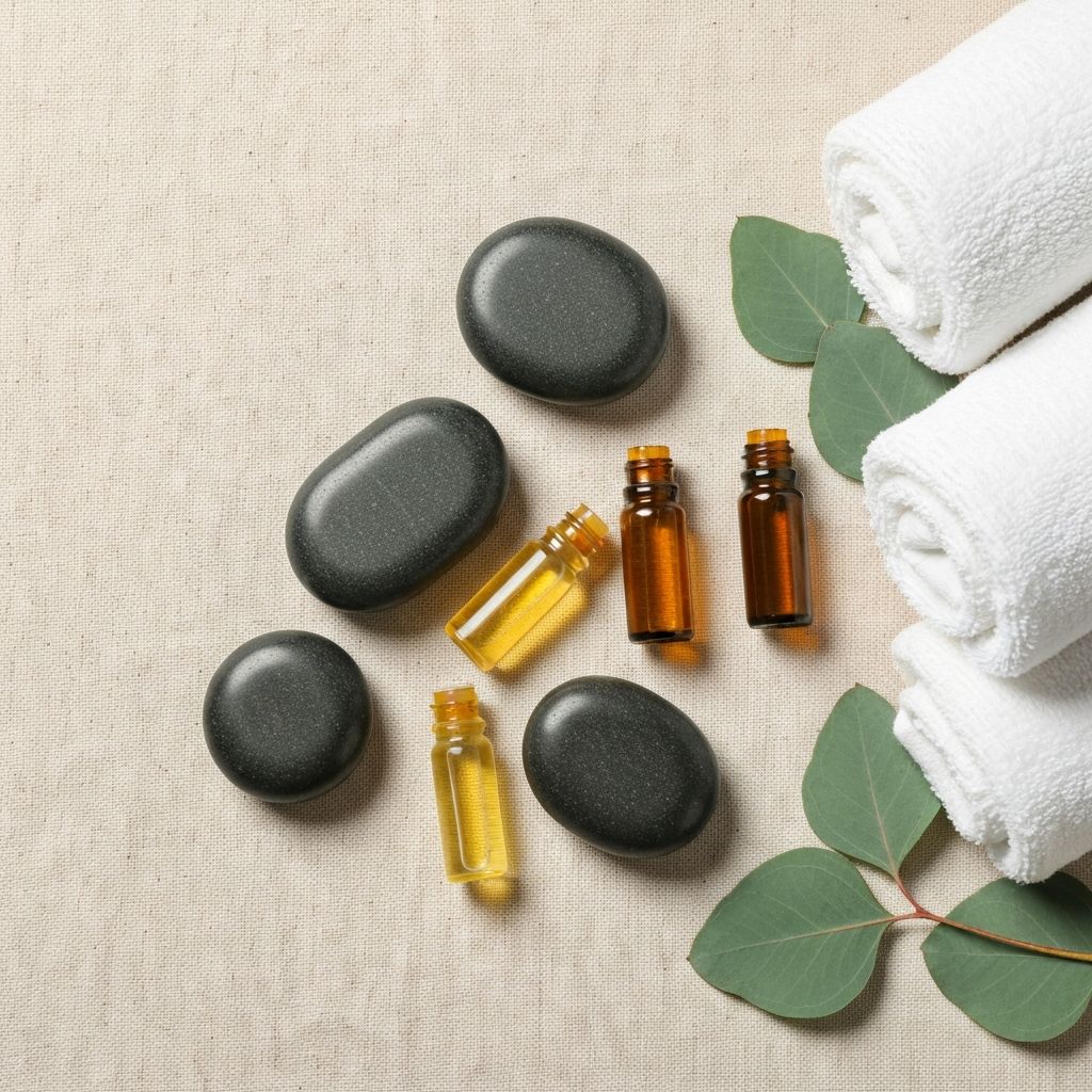 Massage therapy tools including essential oils, smooth stones and rolled towels